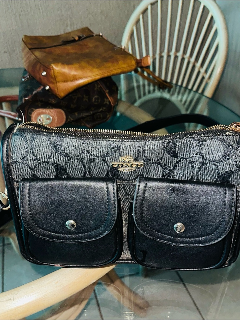 Coach Black Signature Canvas Crossbody with Dual Front Pockets